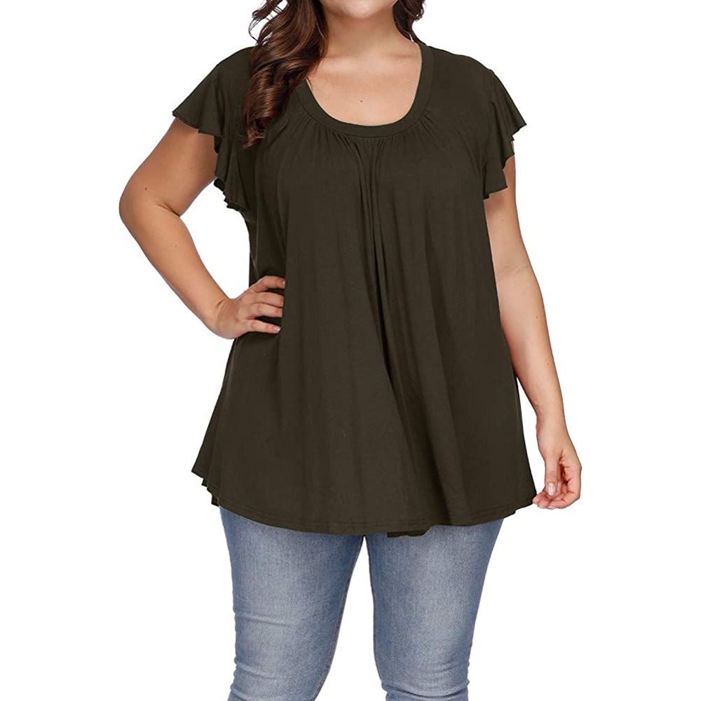 Allegrace Flowy Top with Flutter Sleeves Loose Pleated - Army Green - size 1X